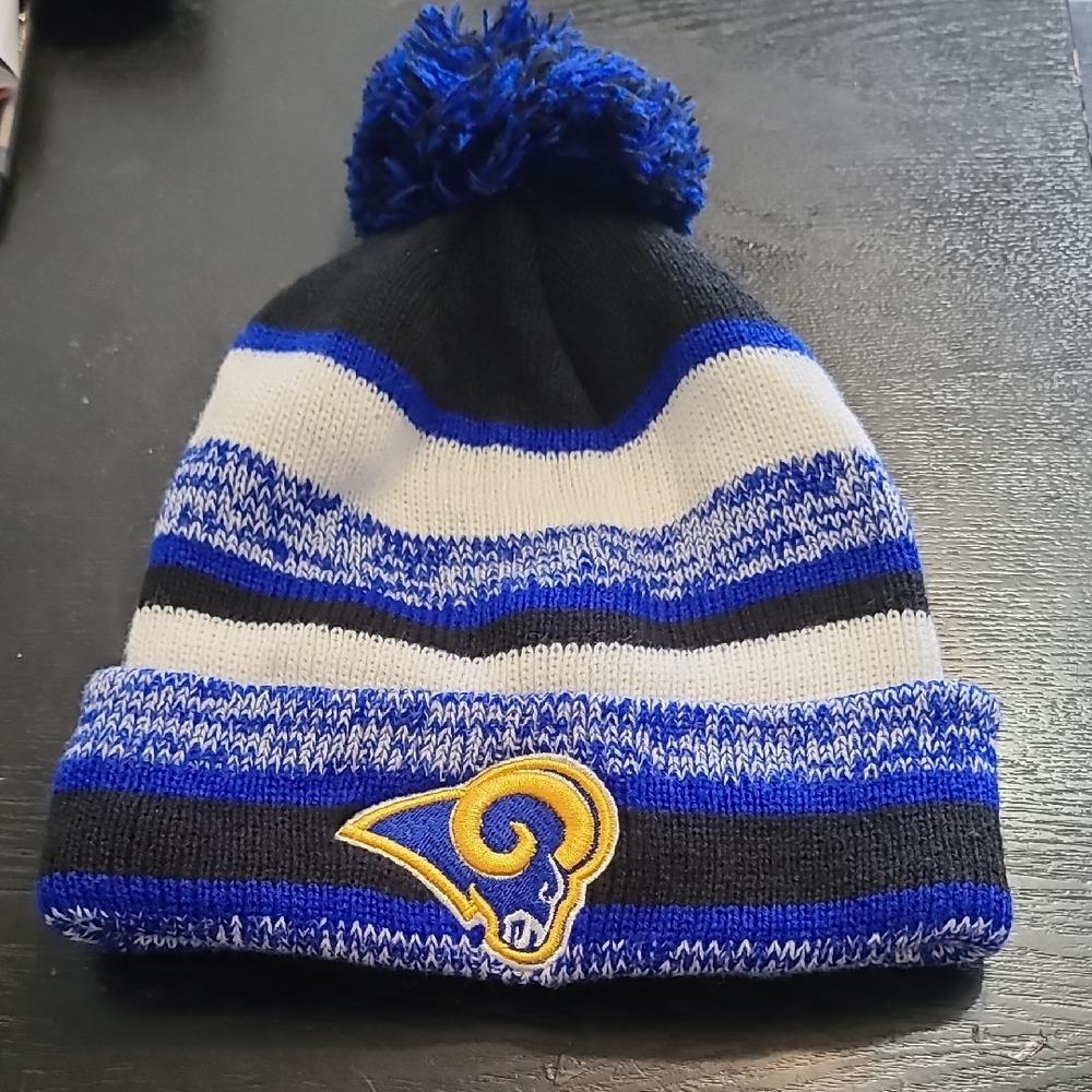 Blue and White Striped Beanie with Logo